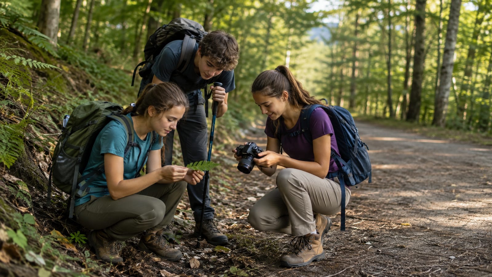 Two teens crouch in forest holding fern and camera while one stands with hiking pole