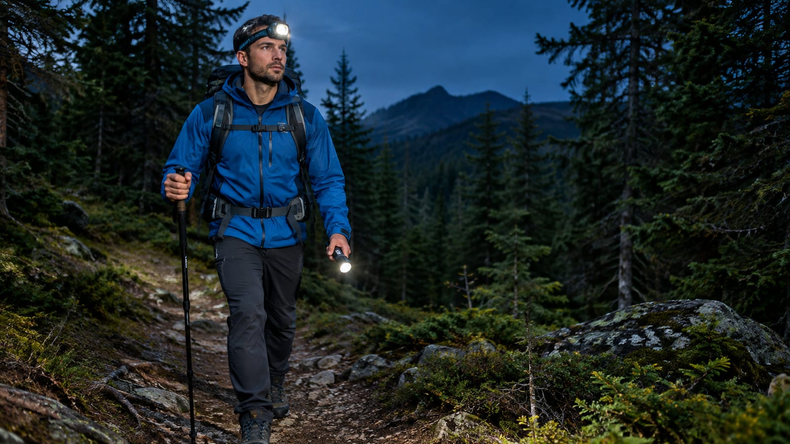 Hiker walking on a forested mountain trail at night with a headlamp and flashlight