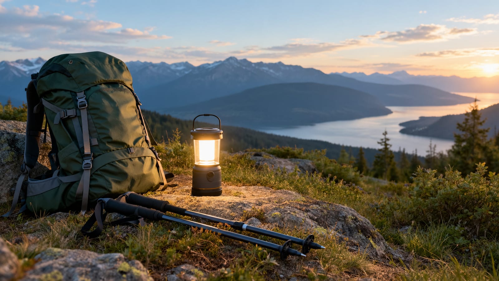 Glowing camping lantern beside a green backpack and trekking poles on a mountain at sunset