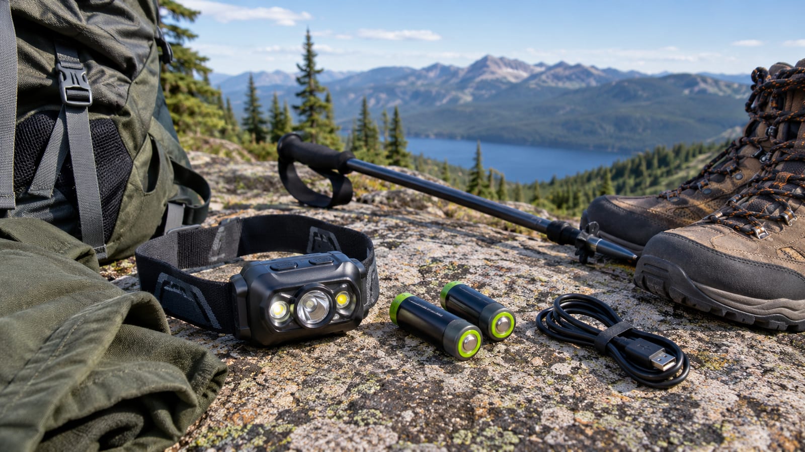 Black headlamp on mountain rock with hiking boot trekking pole batteries USB cable and lake view