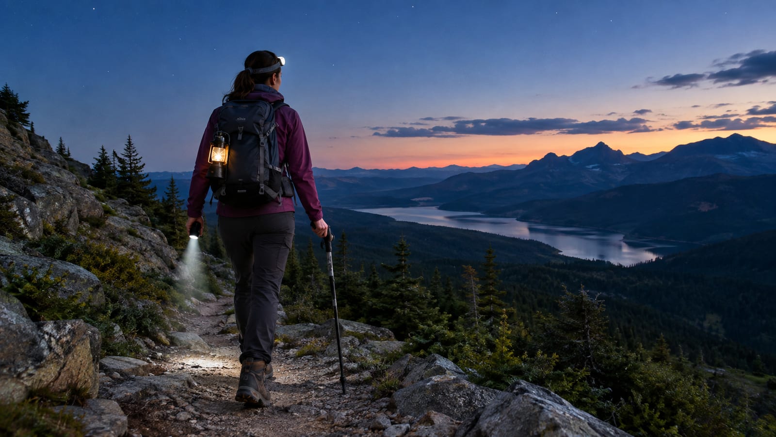Woman wearing headlamp and backpack lantern hiking on mountain trail at dusk