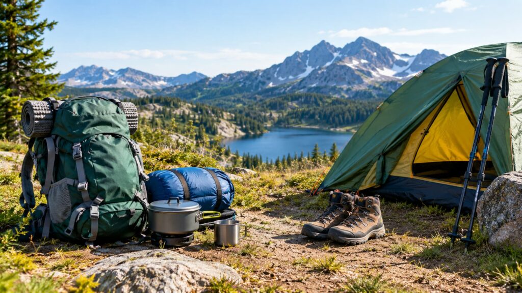 Green backpack tent boots and poles on rocky ground overlooking mountain lake