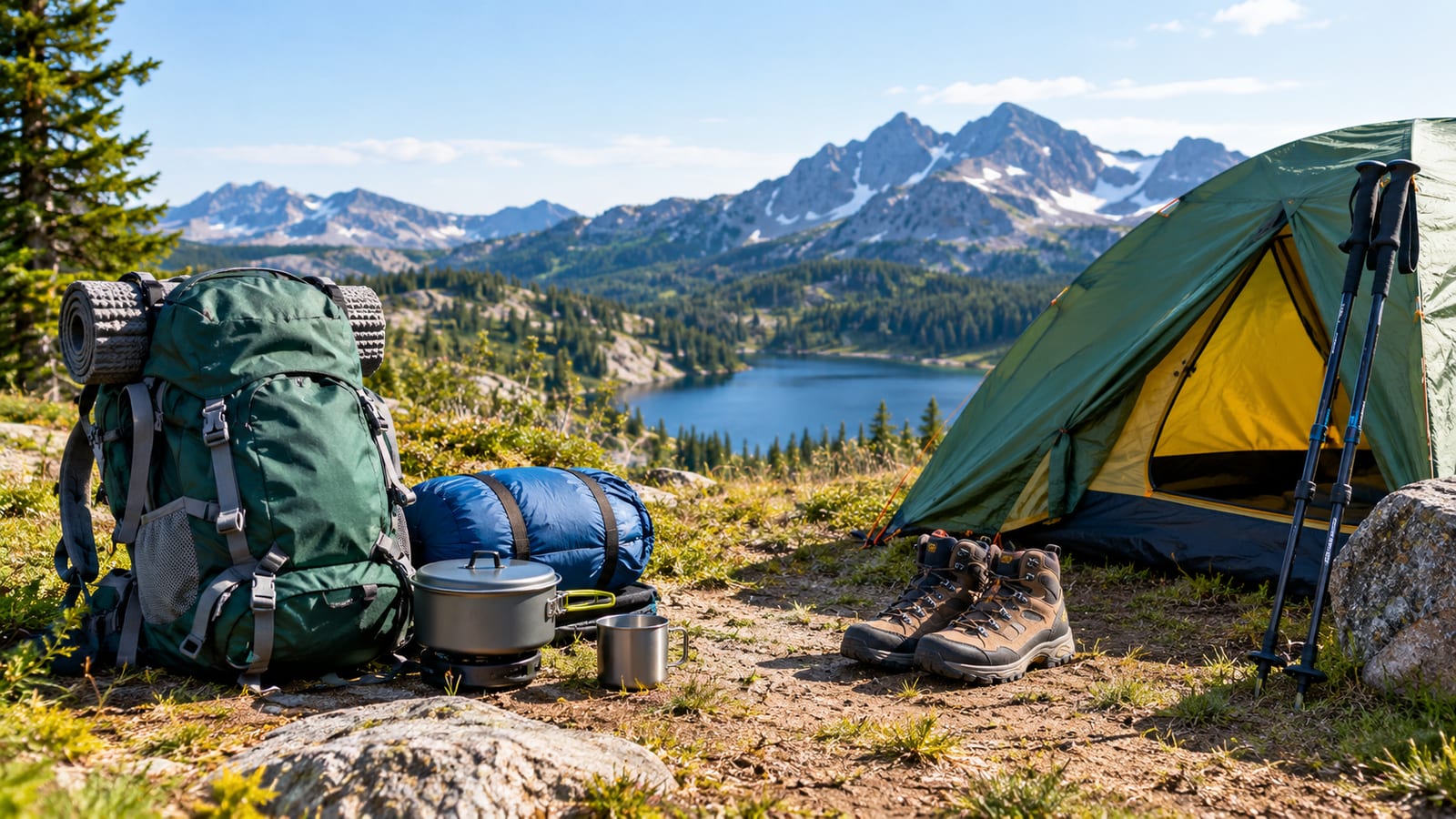 Green backpack tent boots and poles on rocky ground overlooking mountain lake