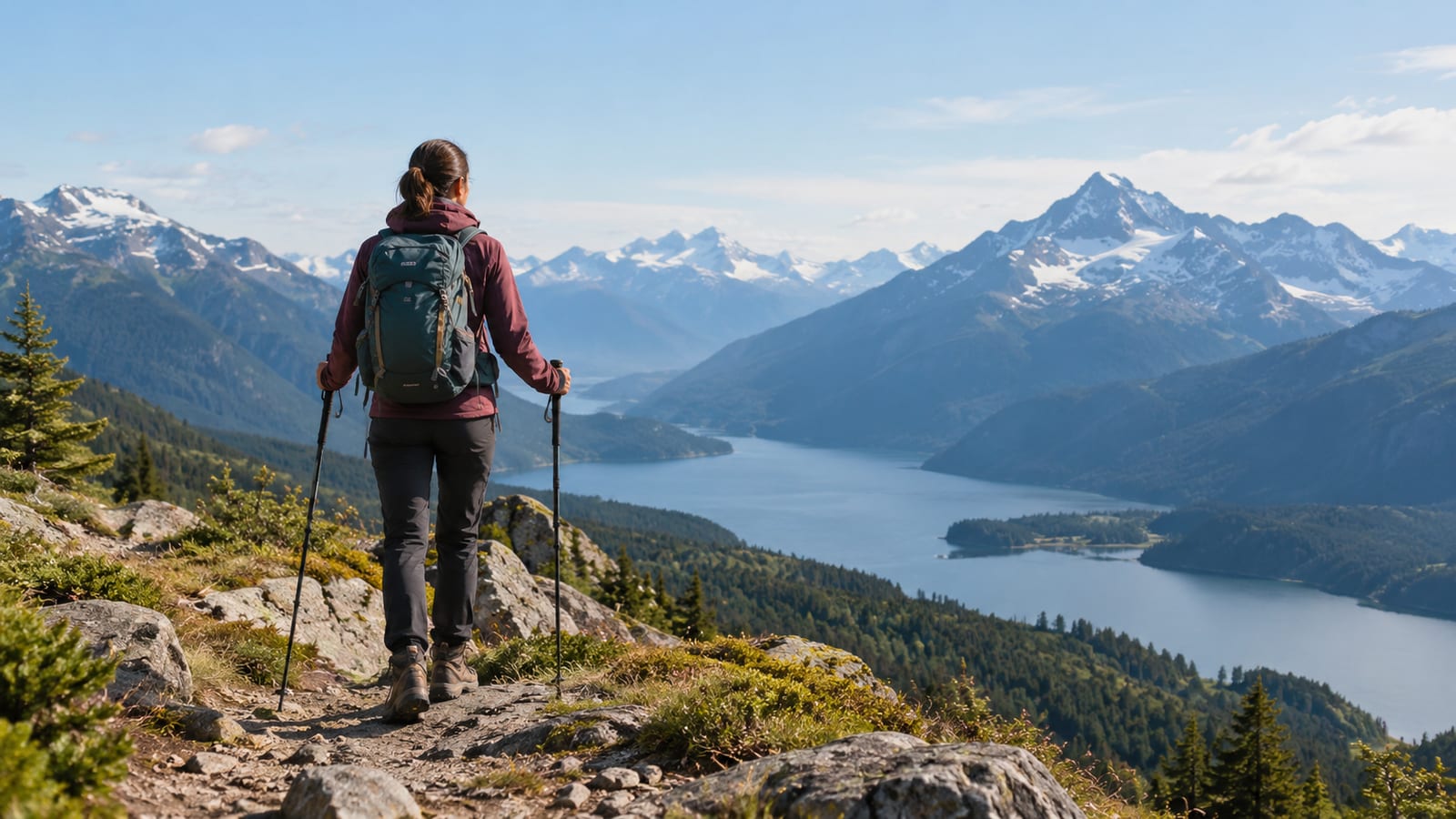 Hiker with backpack and poles on rocky trail overlooking lake and mountains