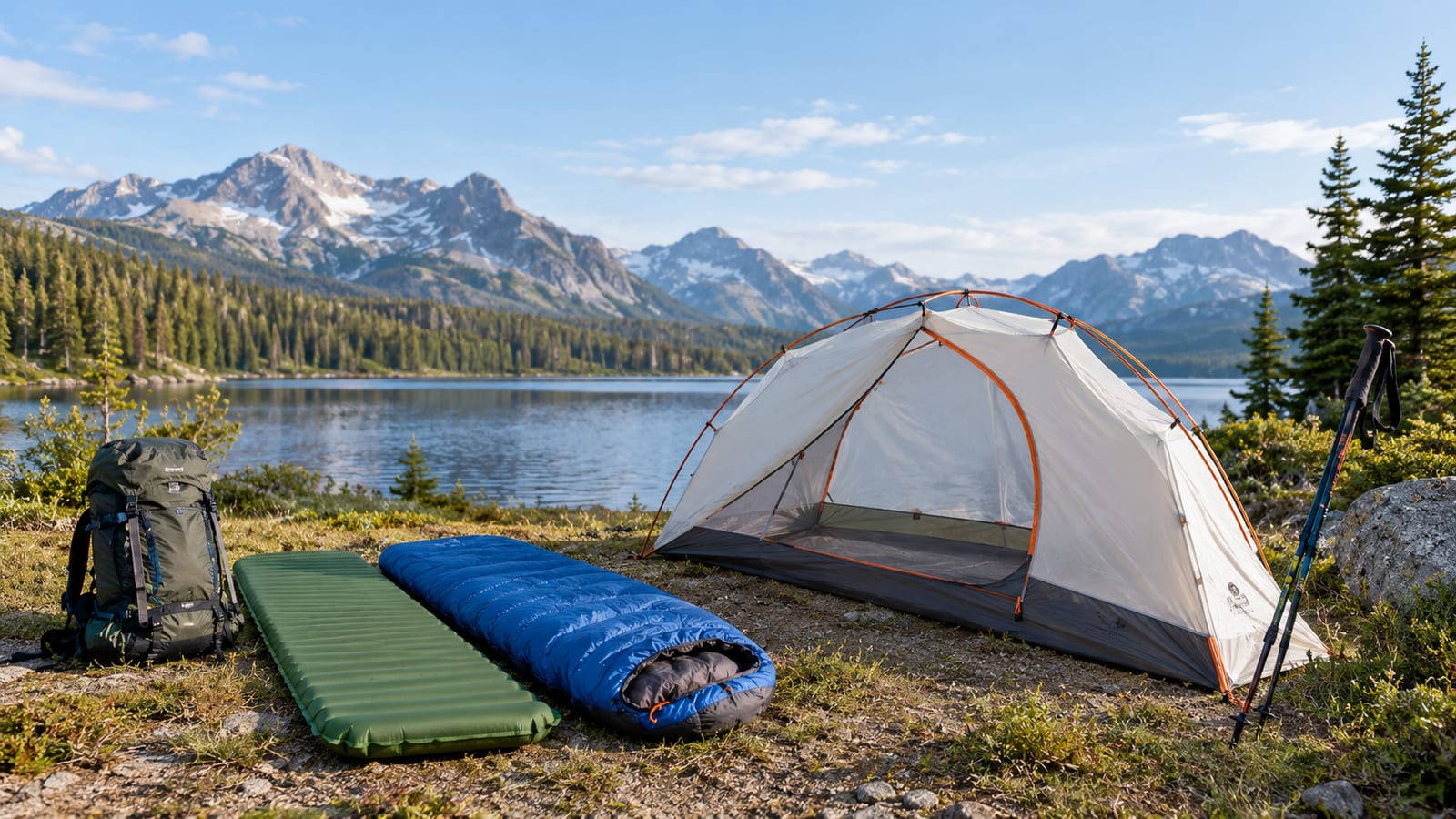White tent with backpack blue sleeping bag and green pad by mountain lake