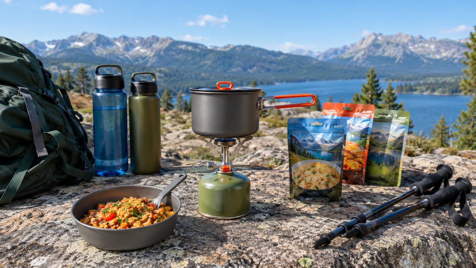 Cooking pot on portable stove with backpack water bottles food bowl and trekking poles by mountain lake
