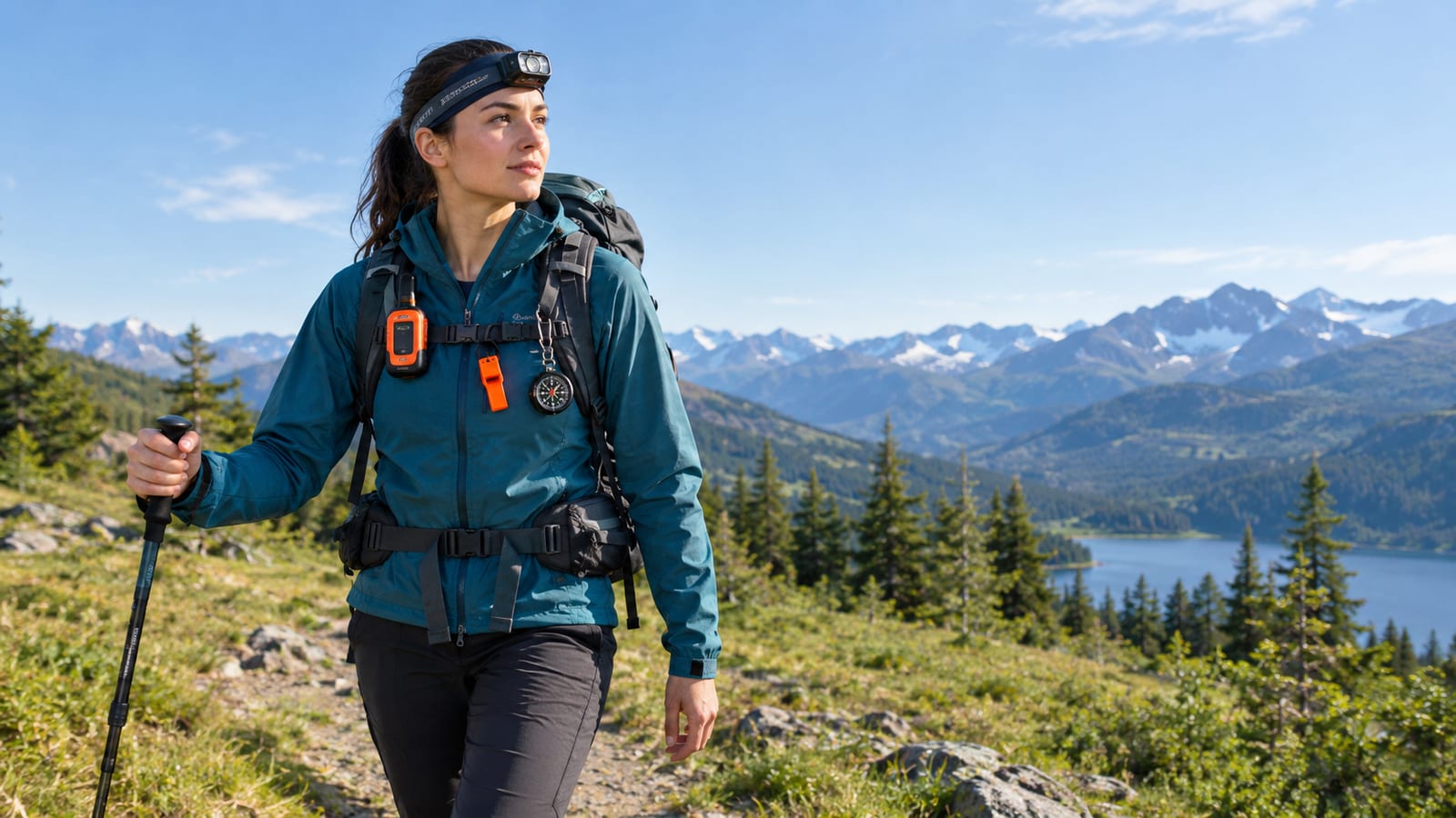 A female hiker with a backpack and trekking pole walks along a mountain trail
