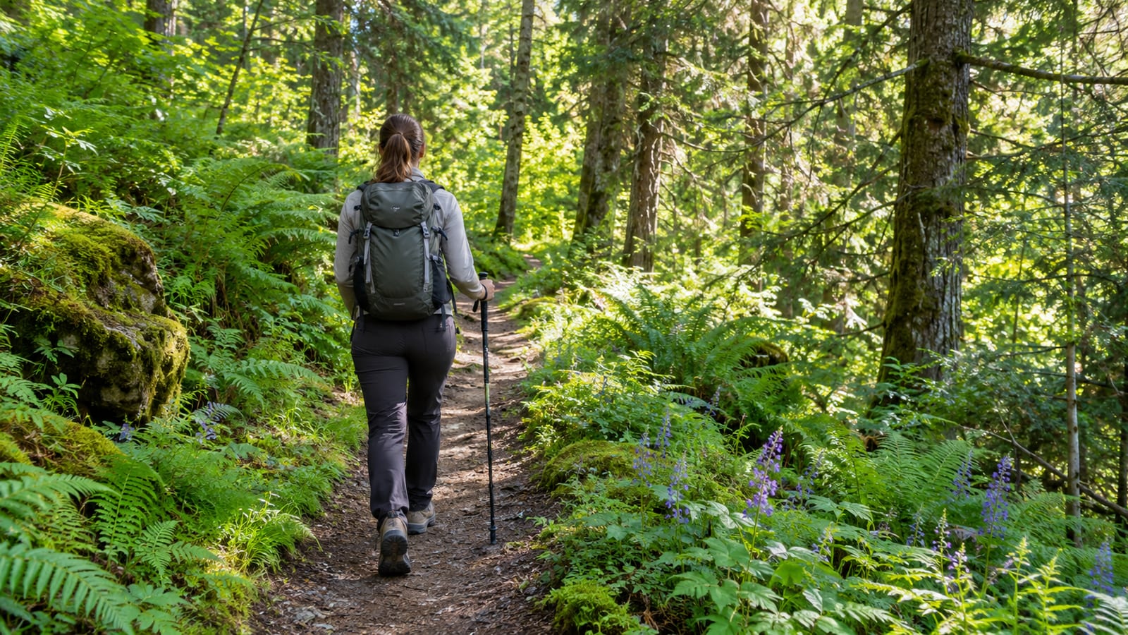 A hiker with a backpack and trekking pole walks along a lush green forest trail
