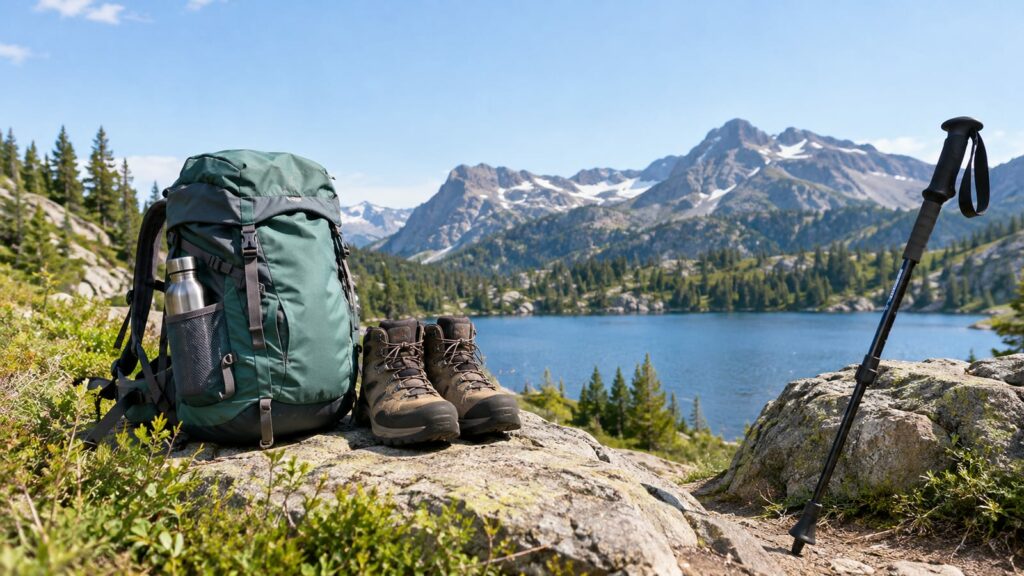 Hiking backpack, boots, and trekking pole on a rocky ledge overlooking an alpine lake