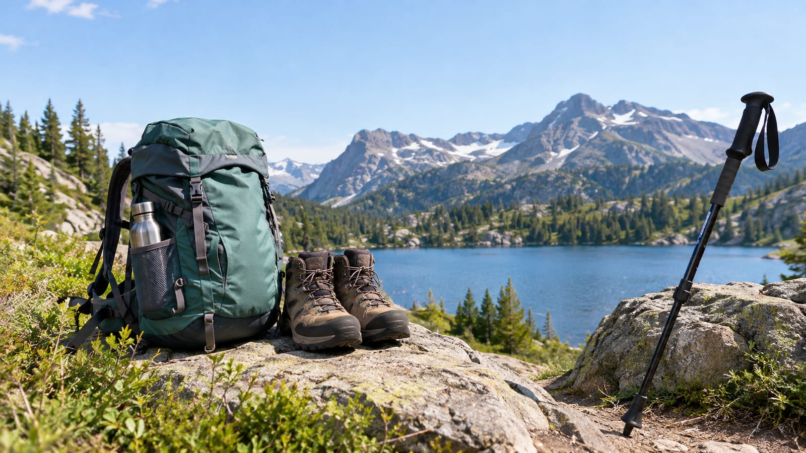 Hiking backpack, boots, and trekking pole on a rocky ledge overlooking an alpine lake
