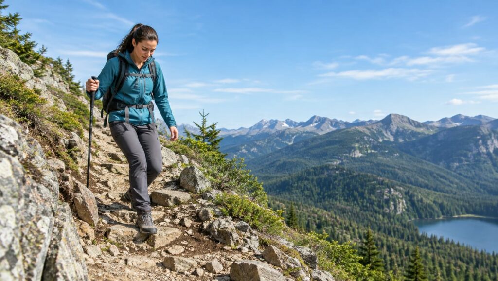 A woman descends a steep rocky trail using a trekking pole above a forested valley