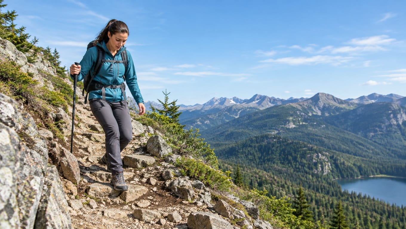A woman descends a steep rocky trail using a trekking pole above a forested valley