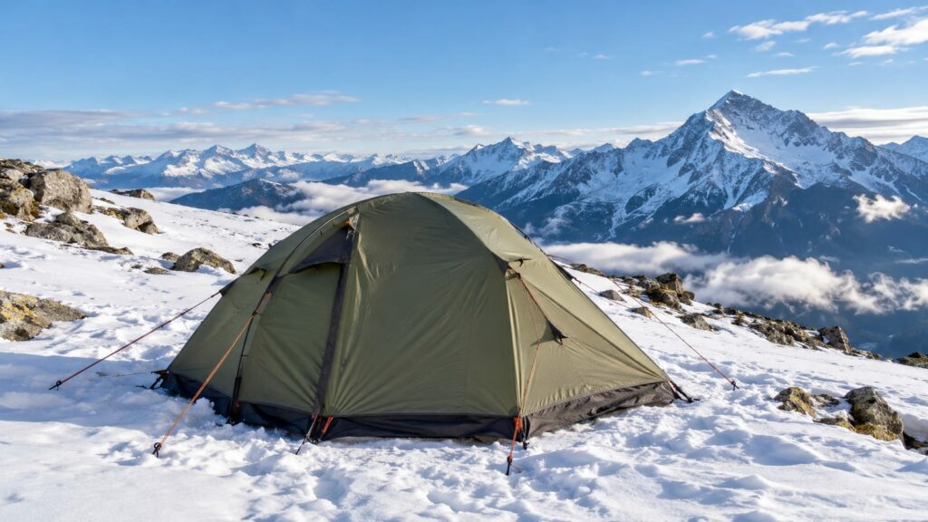 A green tent on a snowy mountain slope with rocky terrain and distant snow-capped peaks
