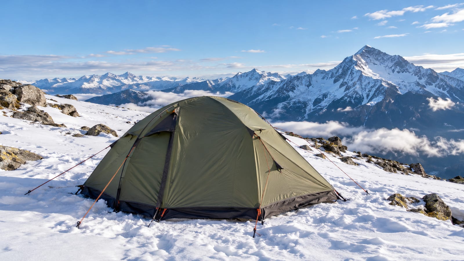 A green tent on a snowy mountain slope with rocky terrain and distant snow-capped peaks