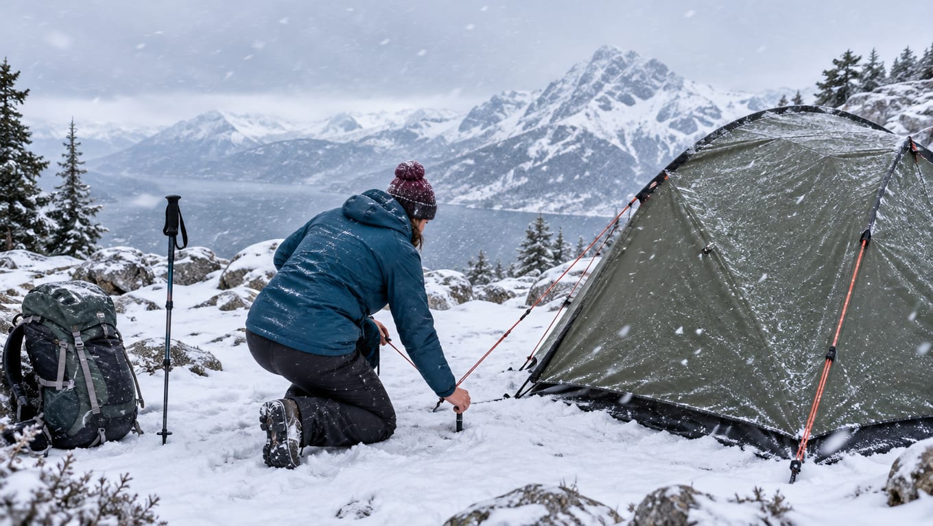 Woman kneels in snow beside green tent in snowy mountain range with lake in background