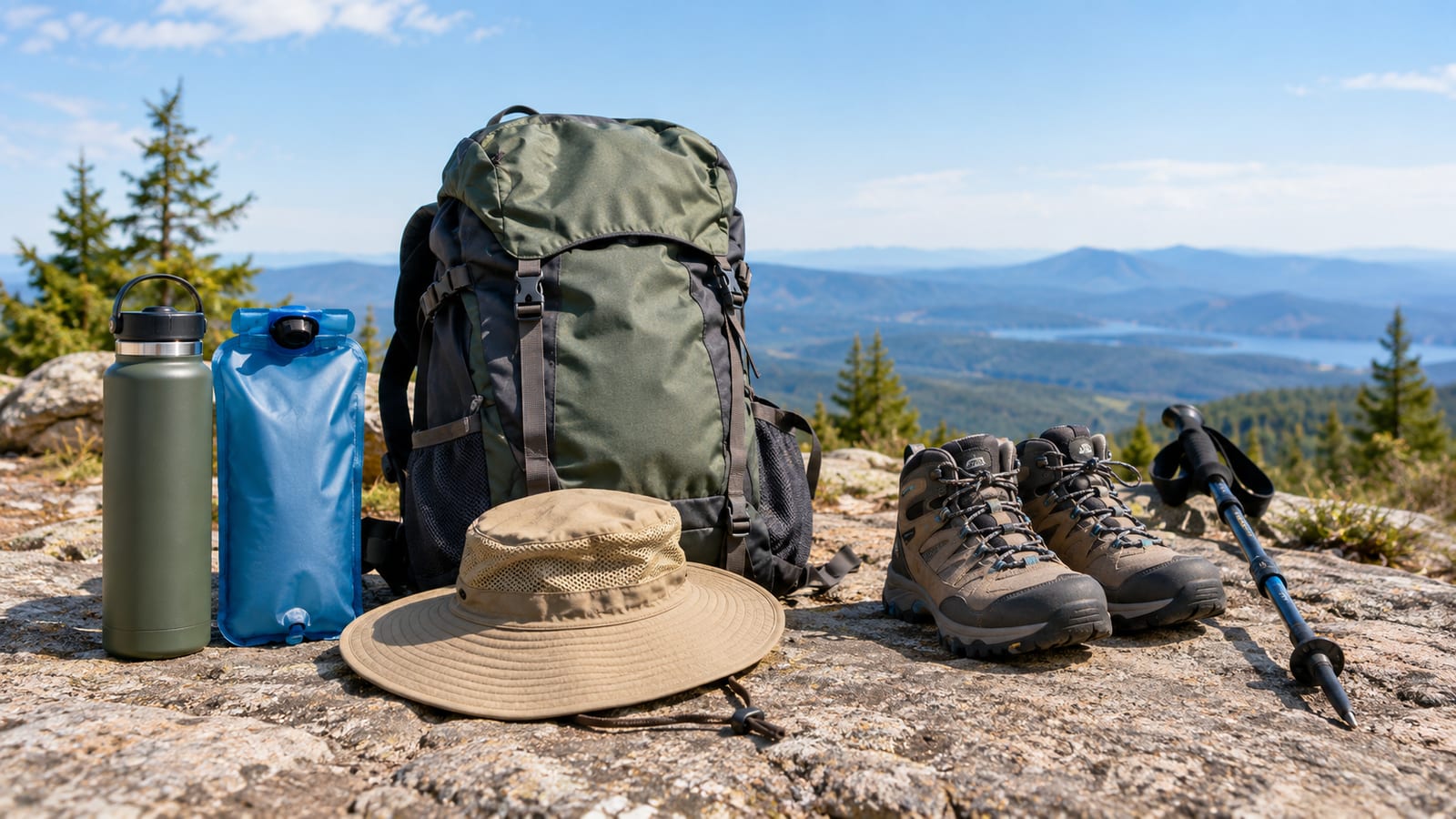Hiking backpack, water bottle, hydration pouch, sun hat, and boots resting on a rocky summit