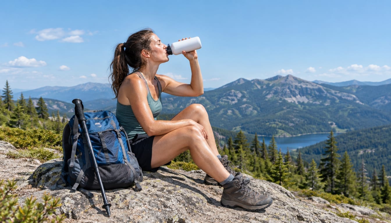 A female hiker drinking from a water bottle while resting on a rocky mountain summit