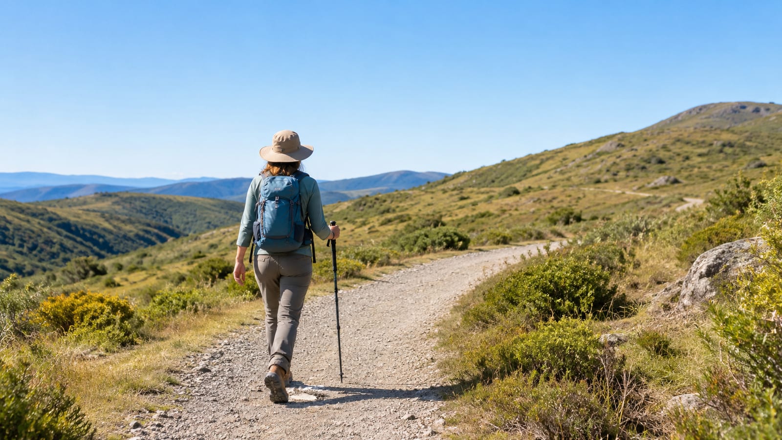 Woman with backpack and hat holding trekking pole hiking on gravel trail through rolling hills