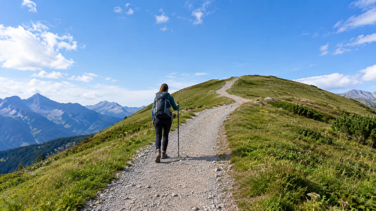 A woman with backpack and trekking pole hiking up gravel trail on grassy hill with mountains