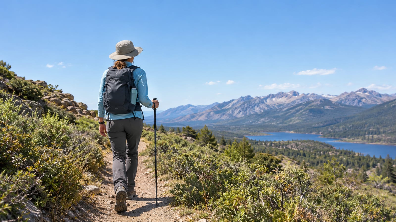 Woman from behind hiking on trail with backpack and trekking pole mountains and lake in background