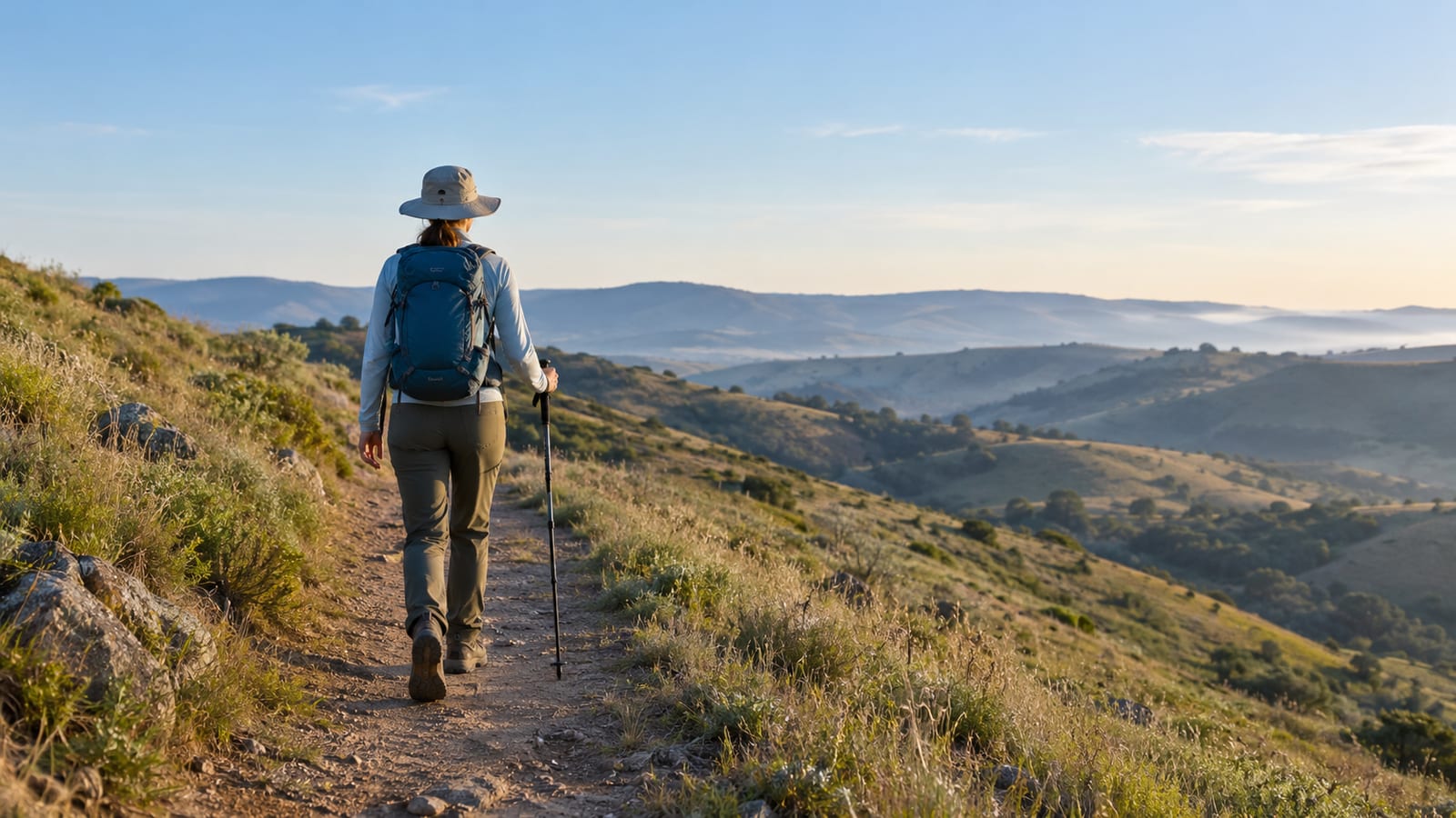 Woman from behind with backpack and hiking pole on trail through rolling hills