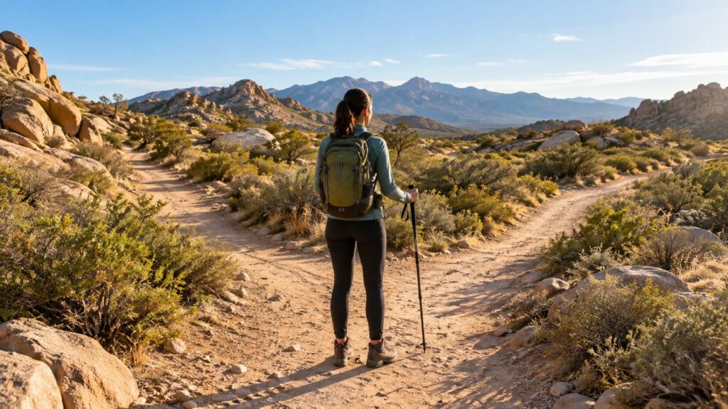 A hiker with a backpack and trekking pole standing at a desert trail fork