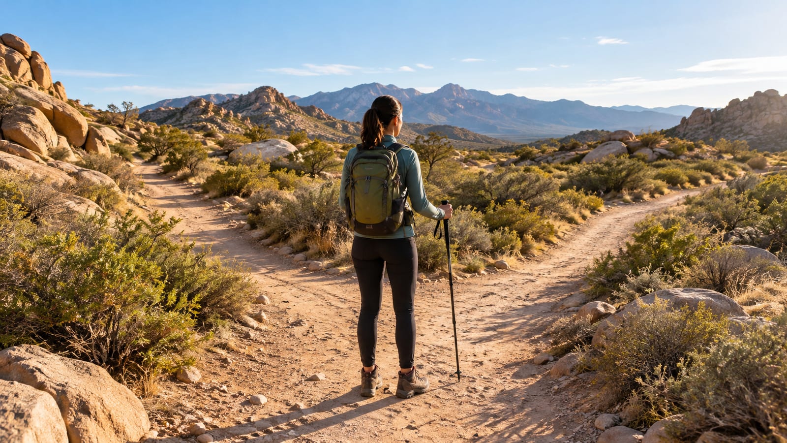A hiker with a backpack and trekking pole standing at a desert trail fork