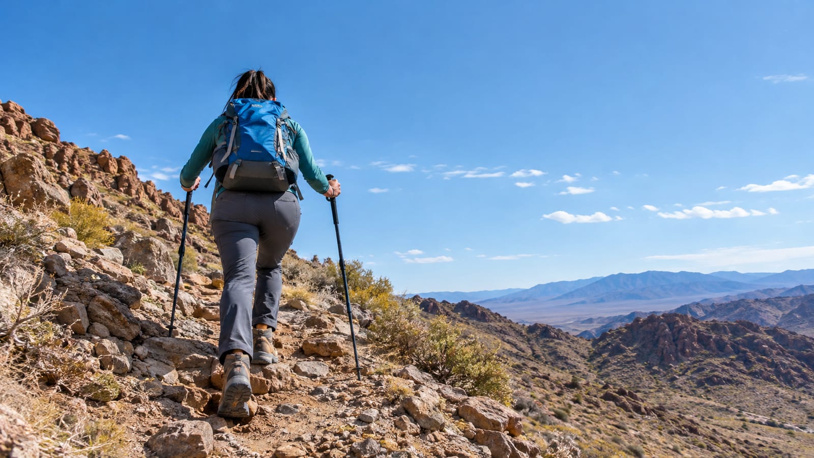 A hiker with a backpack uses trekking poles to walk up a rocky desert trail