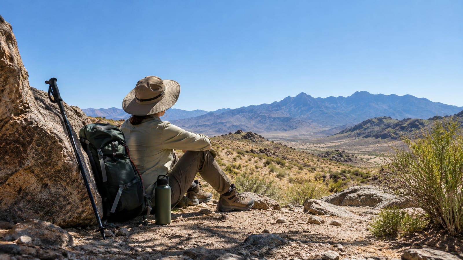A hiker resting beside a backpack on a rocky hillside overlooking distant desert mountains