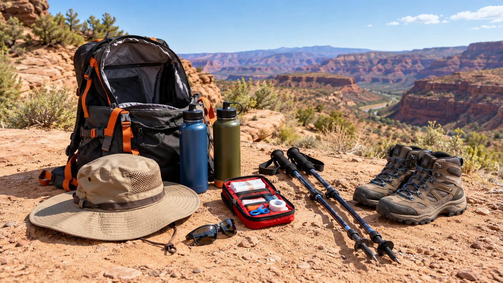 Hiking gear including a backpack, boots, trekking poles, and hat on a rocky canyon overlook