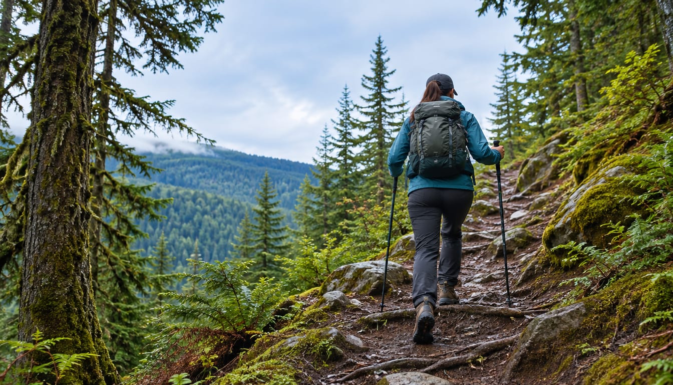 A woman with a backpack and trekking poles hikes up a forest trail with mountains visible