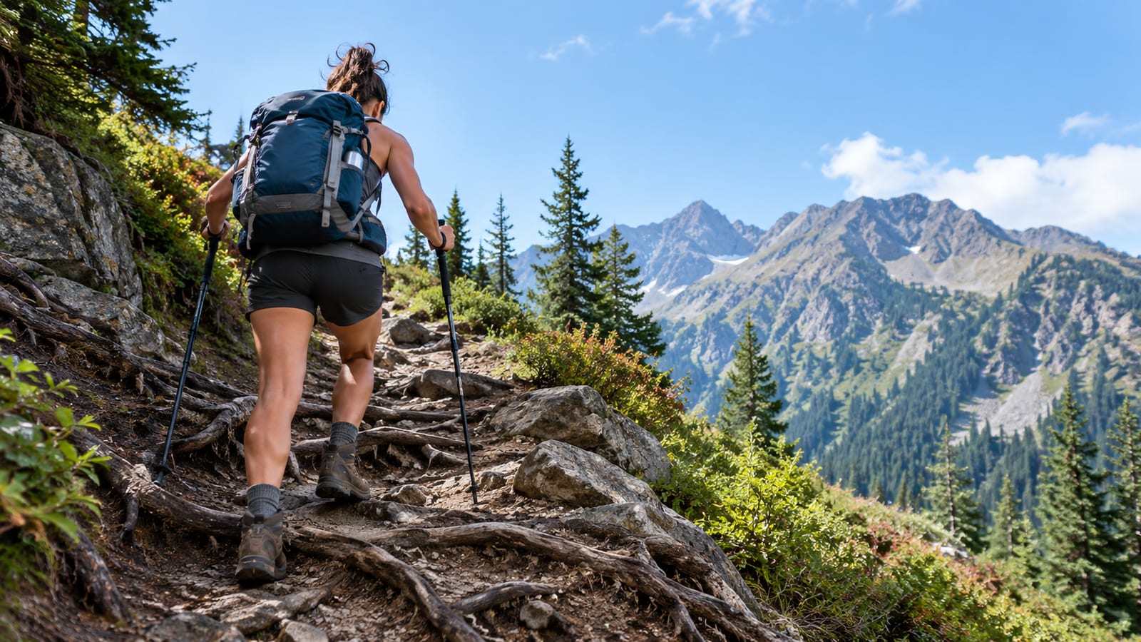 Woman hiker wearing backpack and holding trekking poles on mountain trail with pine trees and mountains