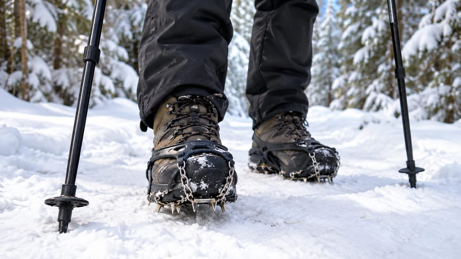Hiking boots with crampons stand in snow between trekking poles on a forest trail