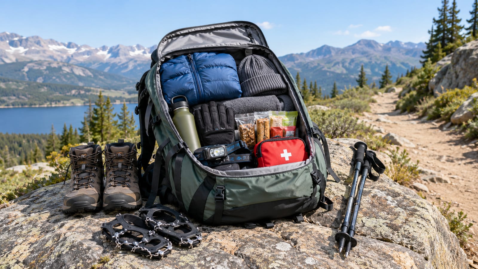 Open backpack on rock filled with hiking boots snowshoes water bottle winter gear mountain lake backdrop