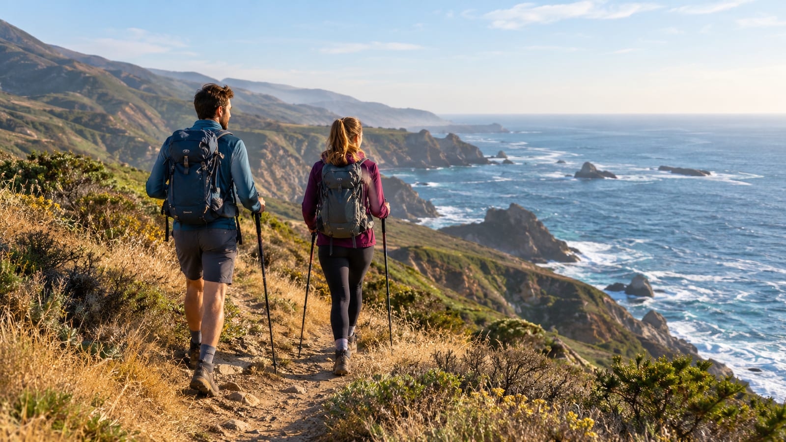 Two hikers with backpacks and trekking poles walk along a coastal Big Sur trail
