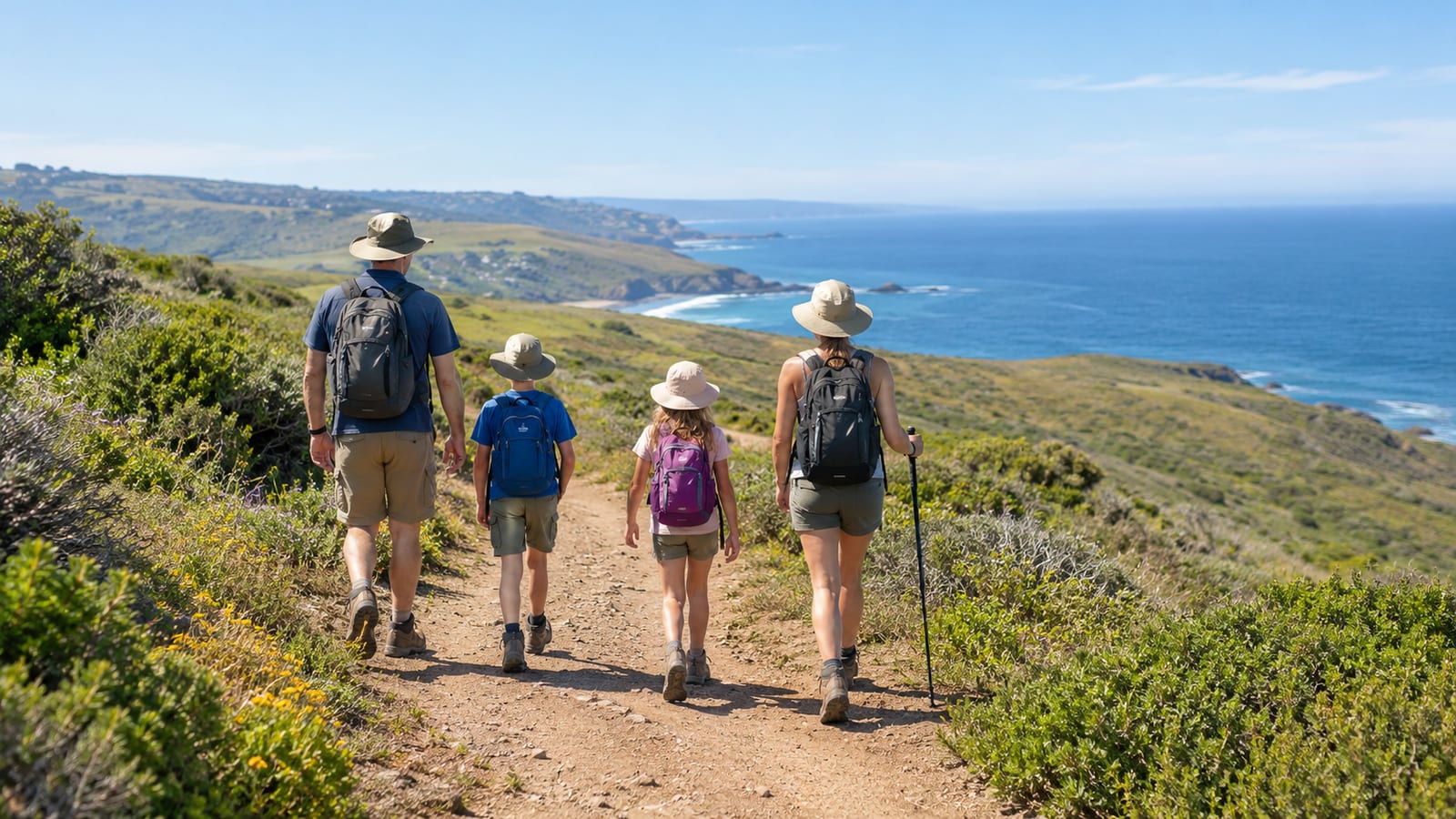 A family of four wearing backpacks hikes along a dirt coastal trail overlooking the ocean
