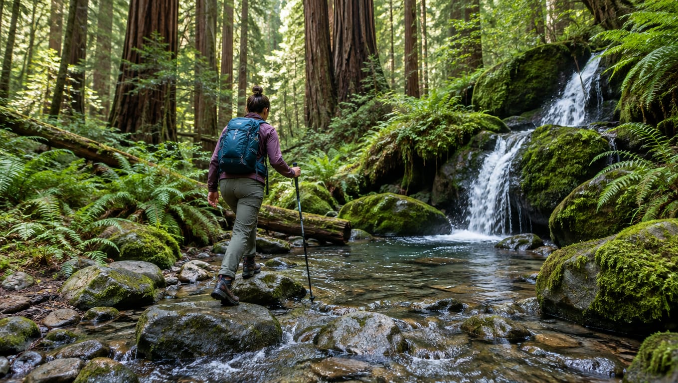 A hiker with a backpack and trekking pole crosses a rocky stream by a waterfall