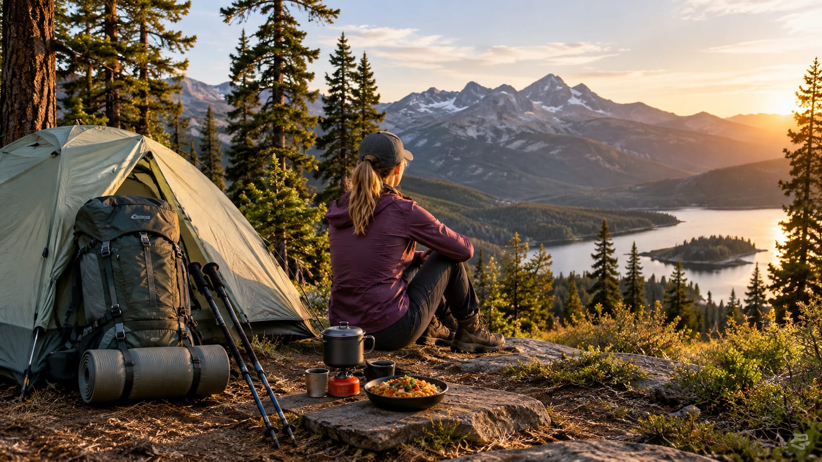 A backpacker sits by her tent and camp stove, overlooking a scenic mountain lake