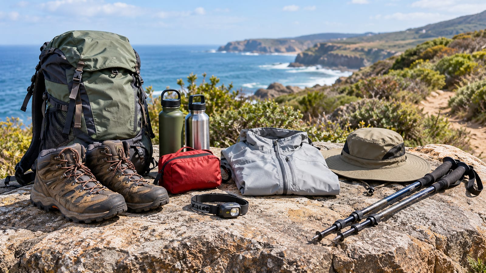 Hiking gear laid out on a rock overlooking a rugged coastline and blue ocean
