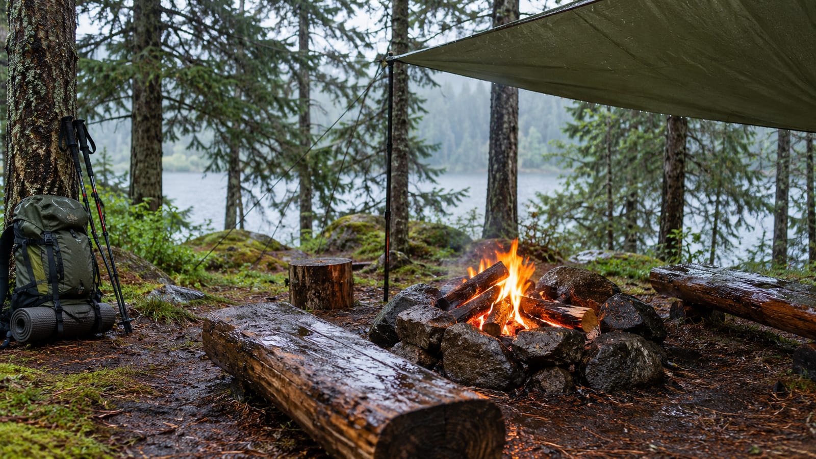 Campfire burning in a stone ring beneath a green tarp in a rainy forest
