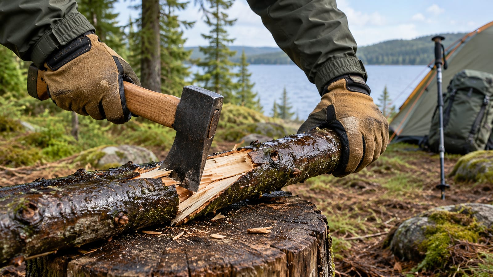 Gloved hands splitting a wet log with a hatchet on a stump at a campsite