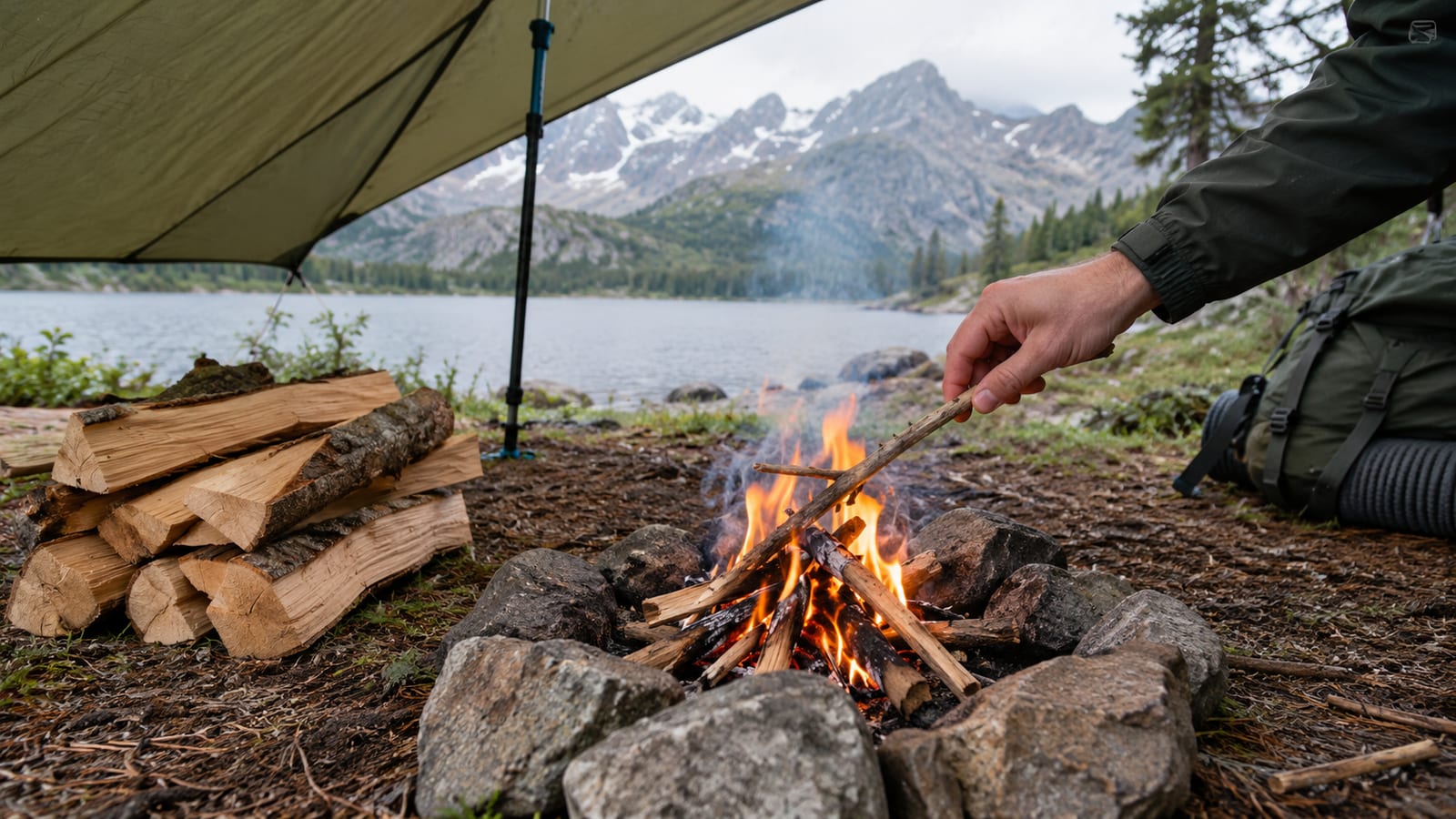 A hand placing a stick onto a campfire surrounded by rocks near a mountain lake