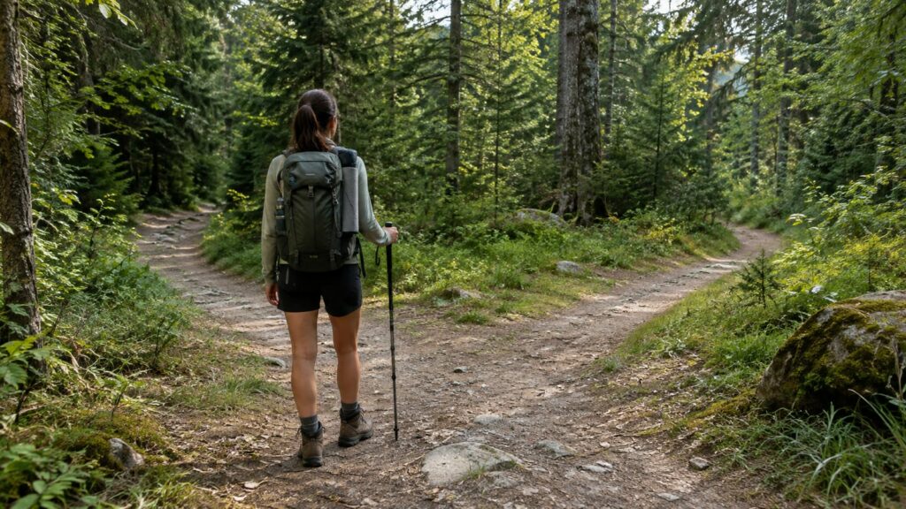 Hiker with a backpack and trekking pole standing at a fork in a forest path