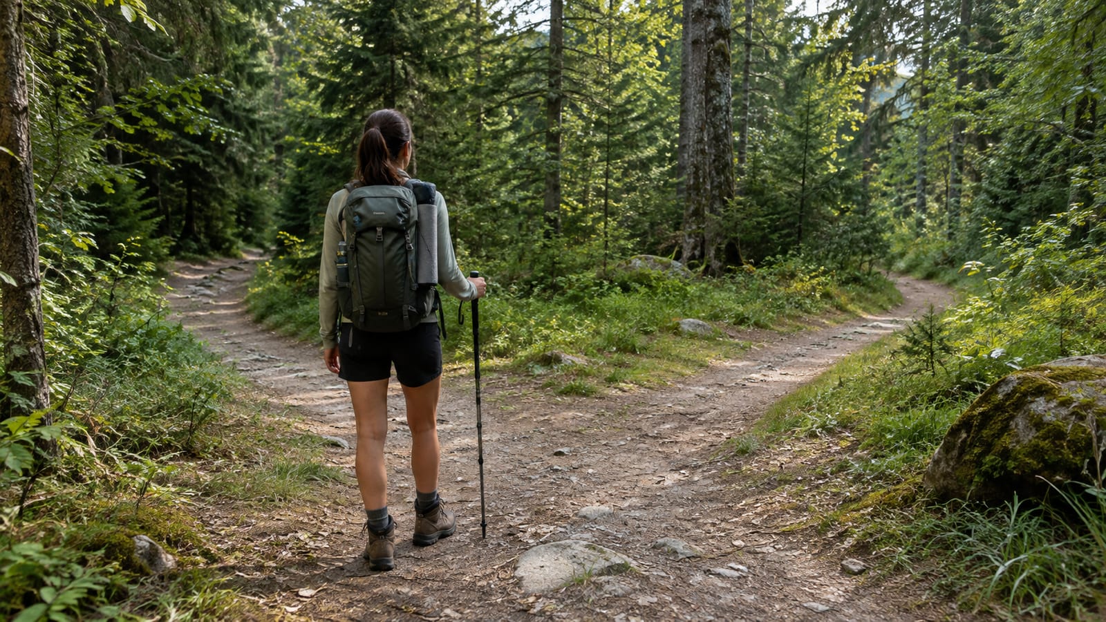 Hiker with a backpack and trekking pole standing at a fork in a forest path