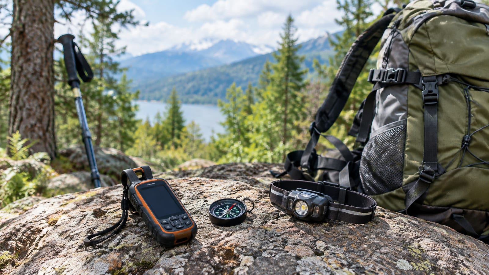 Hiking gear including a GPS unit, compass, headlamp, backpack, and trekking pole on a mountain rock