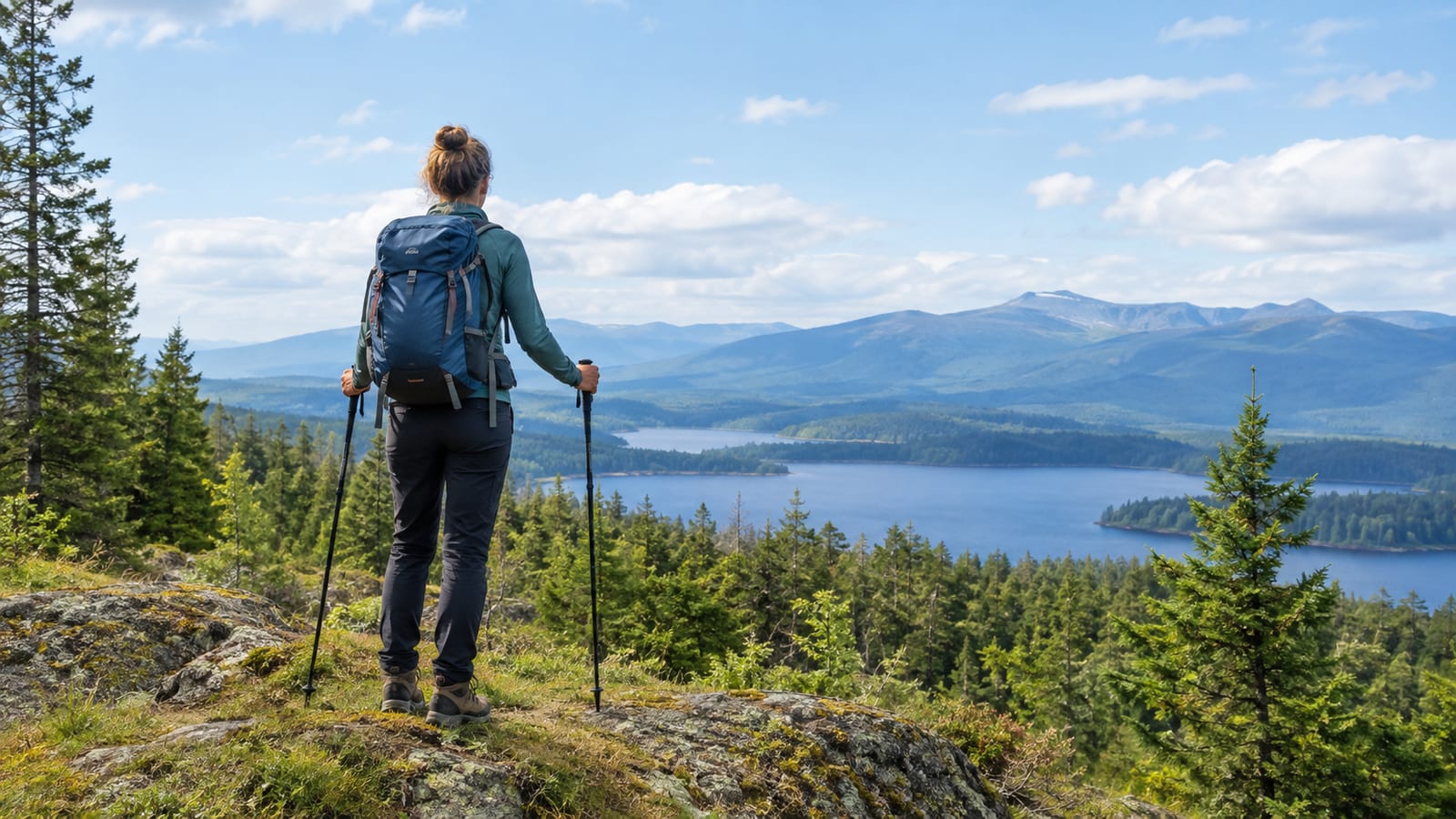 Hiker with a backpack and trekking poles overlooking a lake and distant mountains