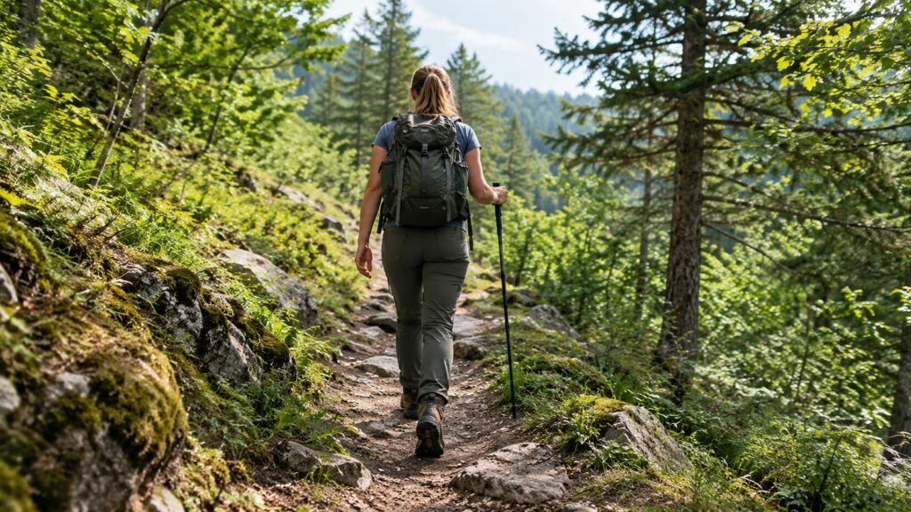 A hiker wearing hiking boots and a backpack walks along a rocky forest trail