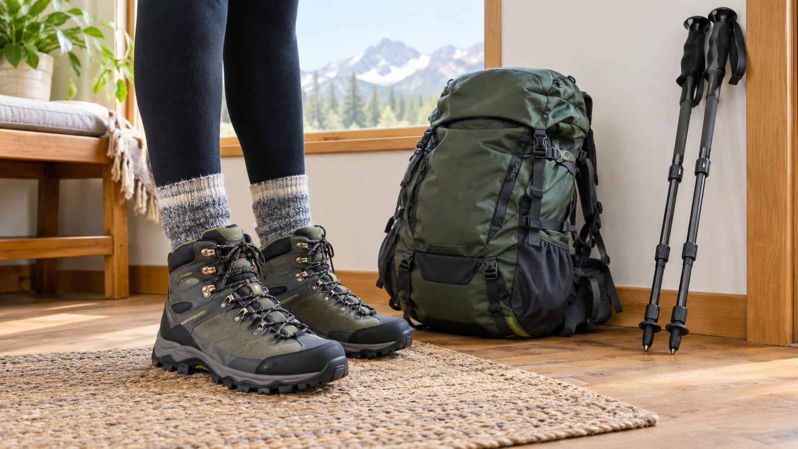 Person wearing hiking boots standing indoors beside a backpack and trekking poles