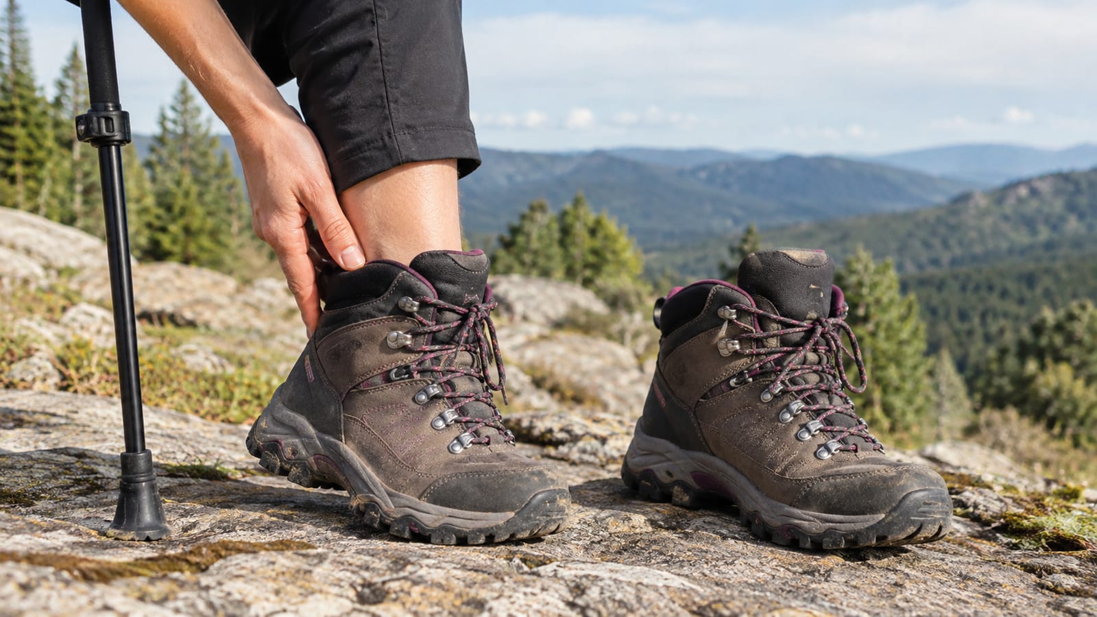 A hiker adjusting a hiking boot on a rocky mountain summit overlooking distant ridges