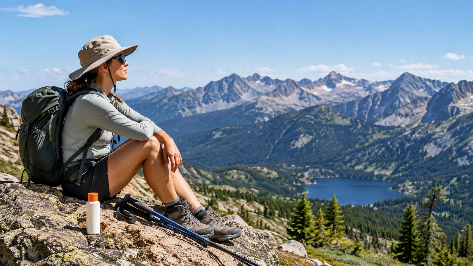 A hiker rests on a rocky mountain ledge with a sunscreen bottle beside her[cite: 1]